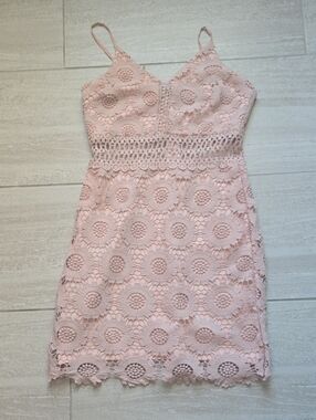 Aqua Blush Pink Crochet Lace Spaghetti-Strap Mini Dress